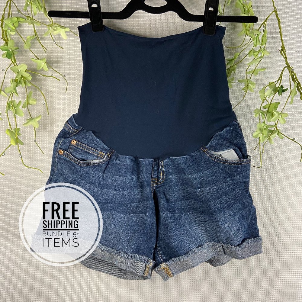 Indigo Blue Roll Cuff Denim Maternity Shorts Sz M